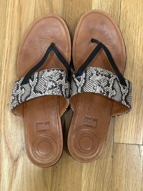 Fitflop Tan Leather Slide Sandals with Black and Snake-Print